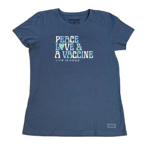 Life Is Good Blue Peace Love & A Vaccine Graphic Cotton T Shirt Medium New